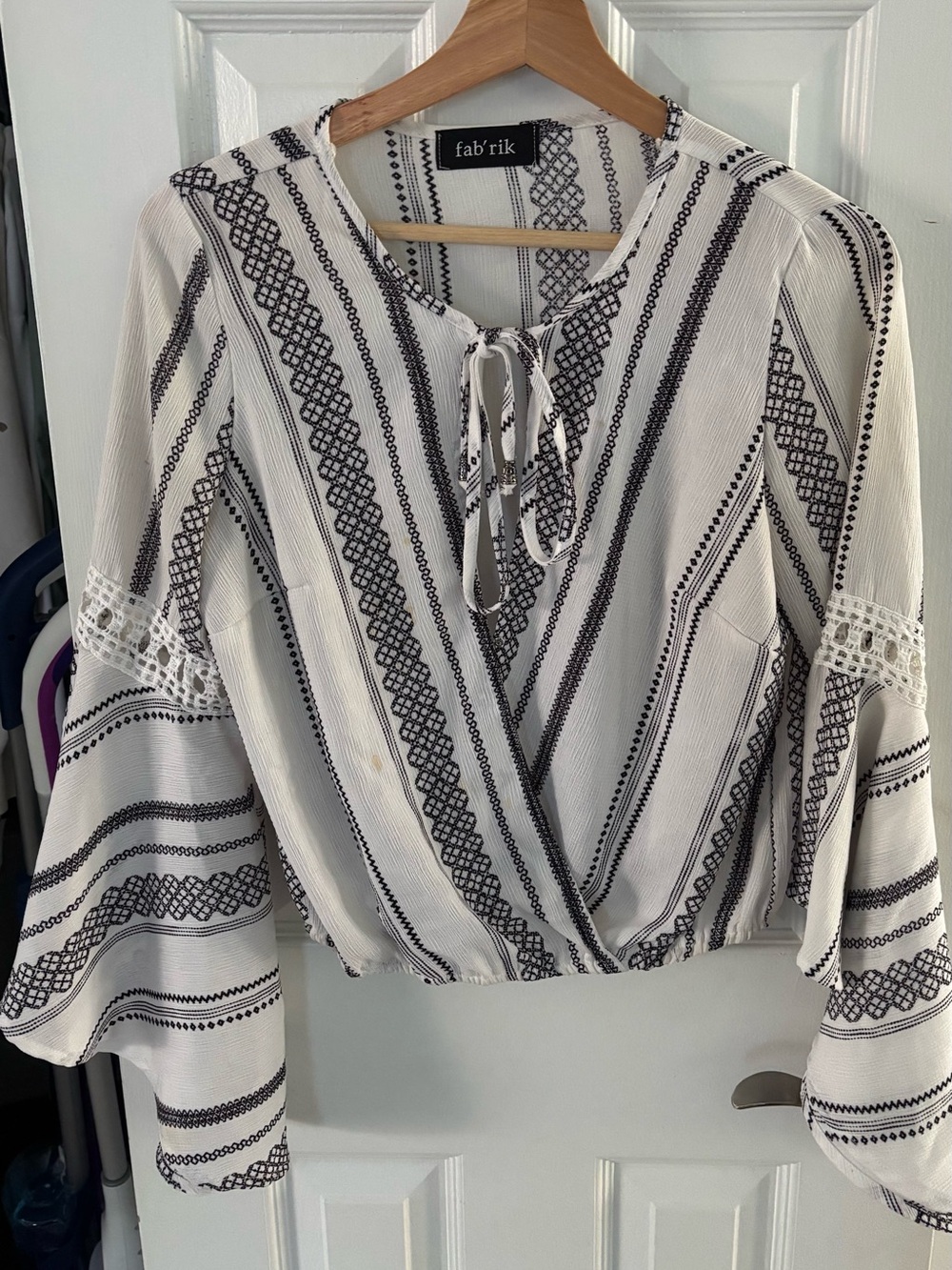 fab'rik White and Black Striped Wrap Peasant Blouse, Size Medium